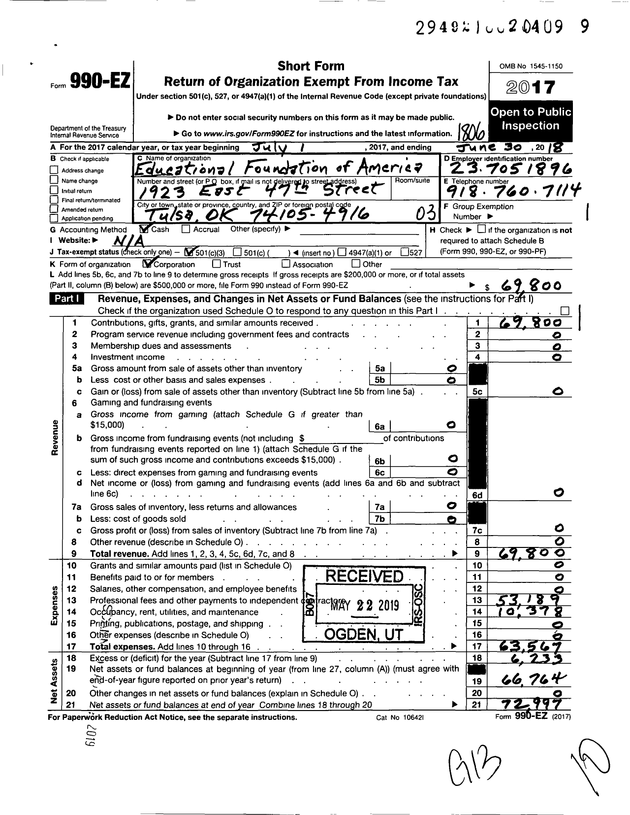 Image of first page of 2017 Form 990EZ for Educational Foundation of America