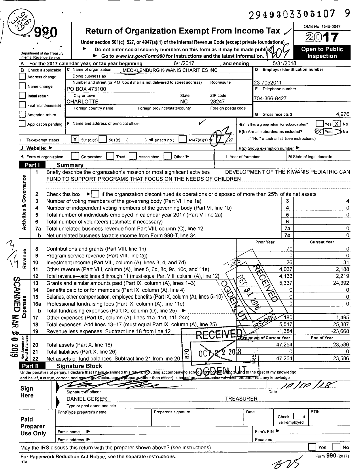 Image of first page of 2017 Form 990 for Mecklenburg Kiwanis Charities