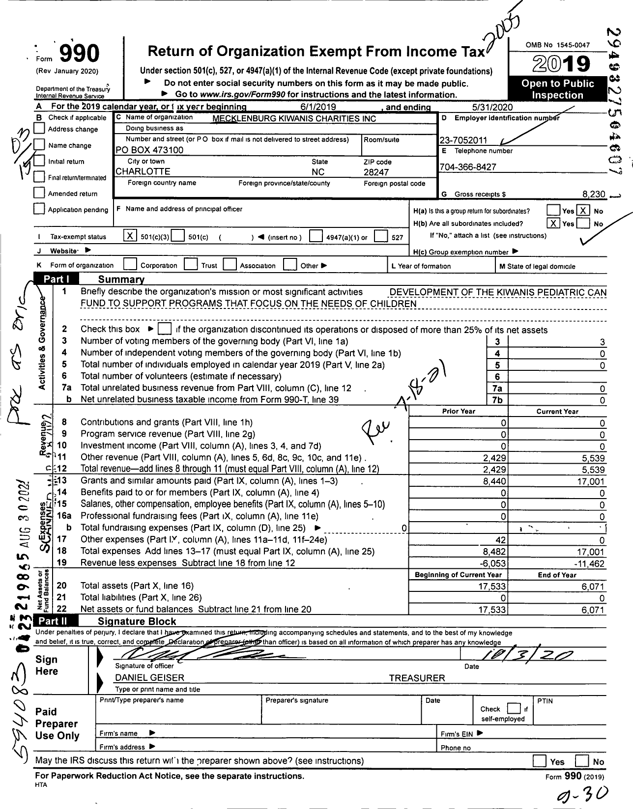 Image of first page of 2019 Form 990 for Mecklenburg Kiwanis Charities