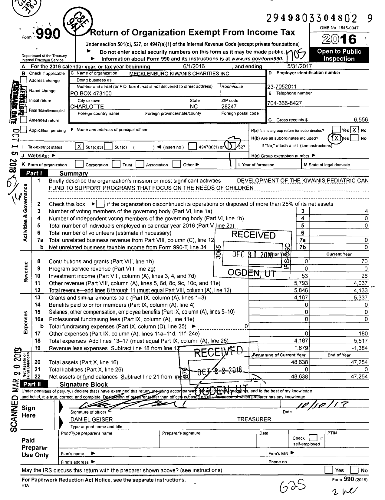 Image of first page of 2016 Form 990 for Mecklenburg Kiwanis Charities