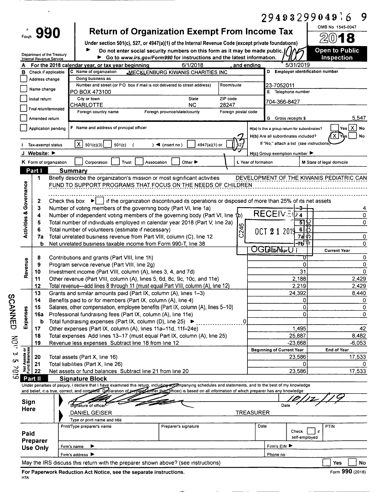 Image of first page of 2018 Form 990 for Mecklenburg Kiwanis Charities