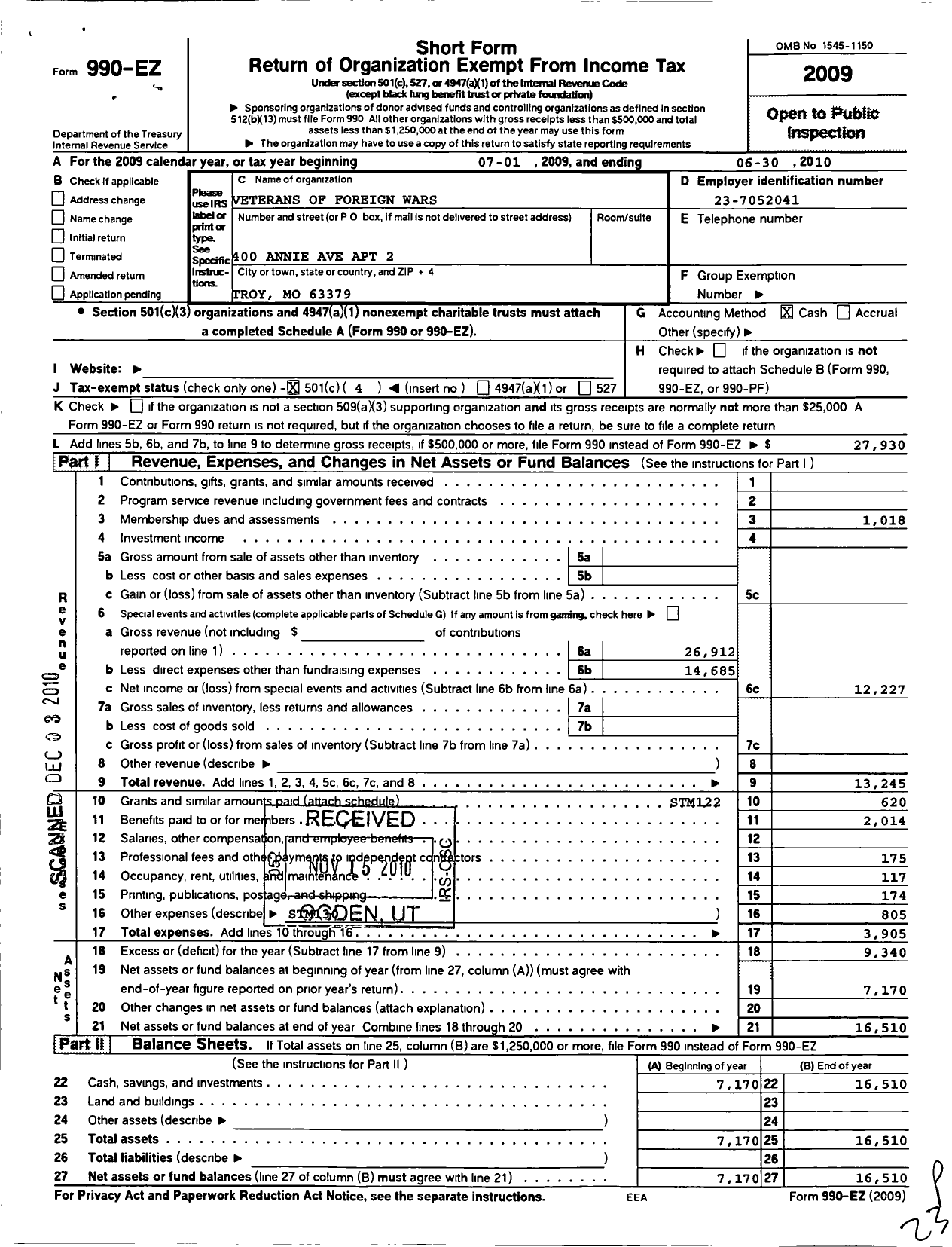 Image of first page of 2009 Form 990EO for VFW Auxiliary Department of Missouri - 8828 VFW Auxiliary Lincoln County Mem Pos