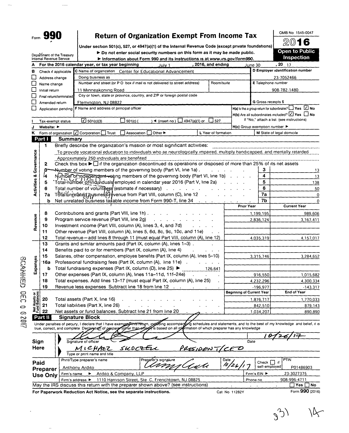 Image of first page of 2016 Form 990 for Center for Educational Advancement (CEA)