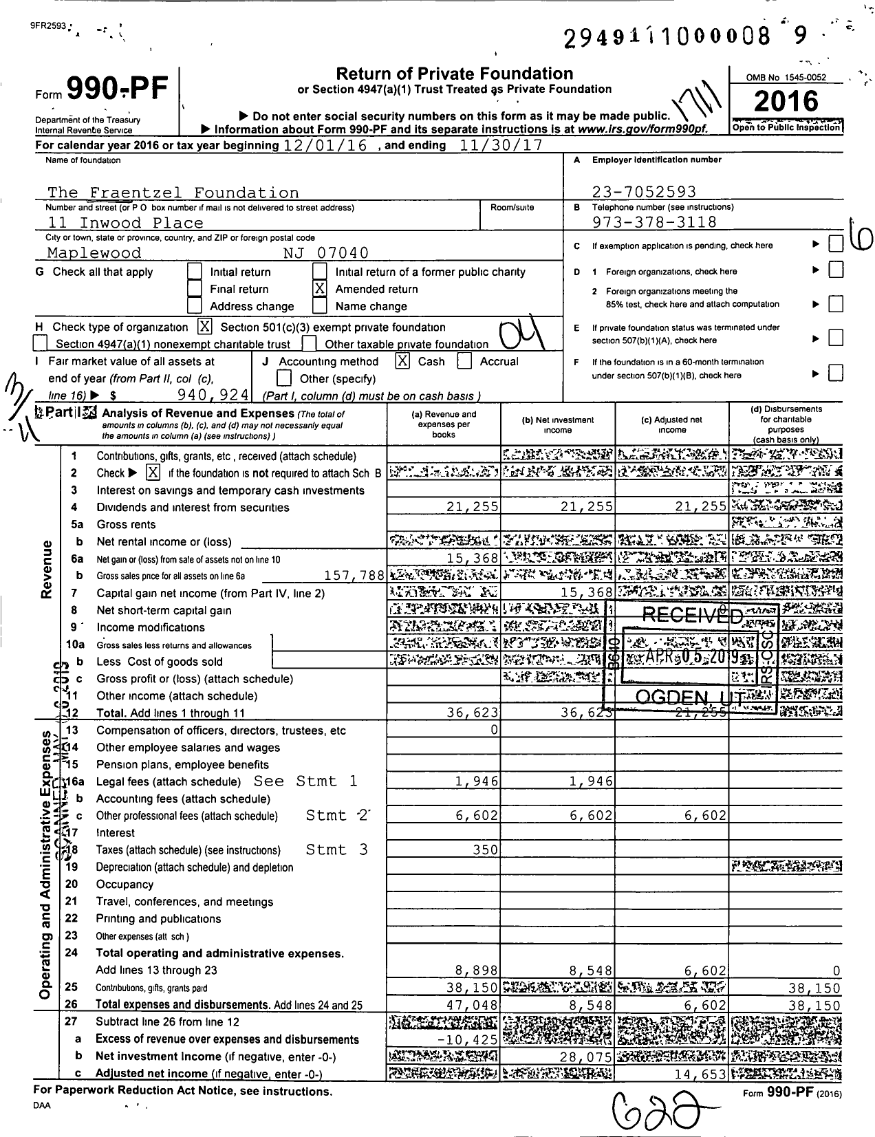 Image of first page of 2016 Form 990PF for The Fraentzel Foundation