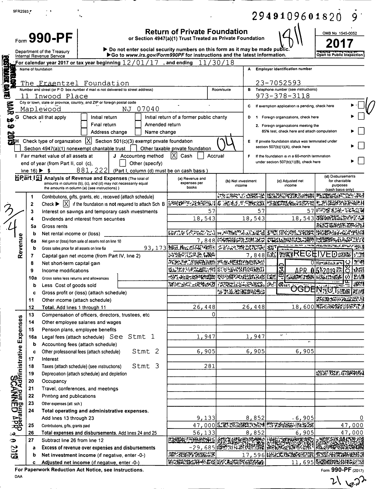 Image of first page of 2017 Form 990PF for The Fraentzel Foundation
