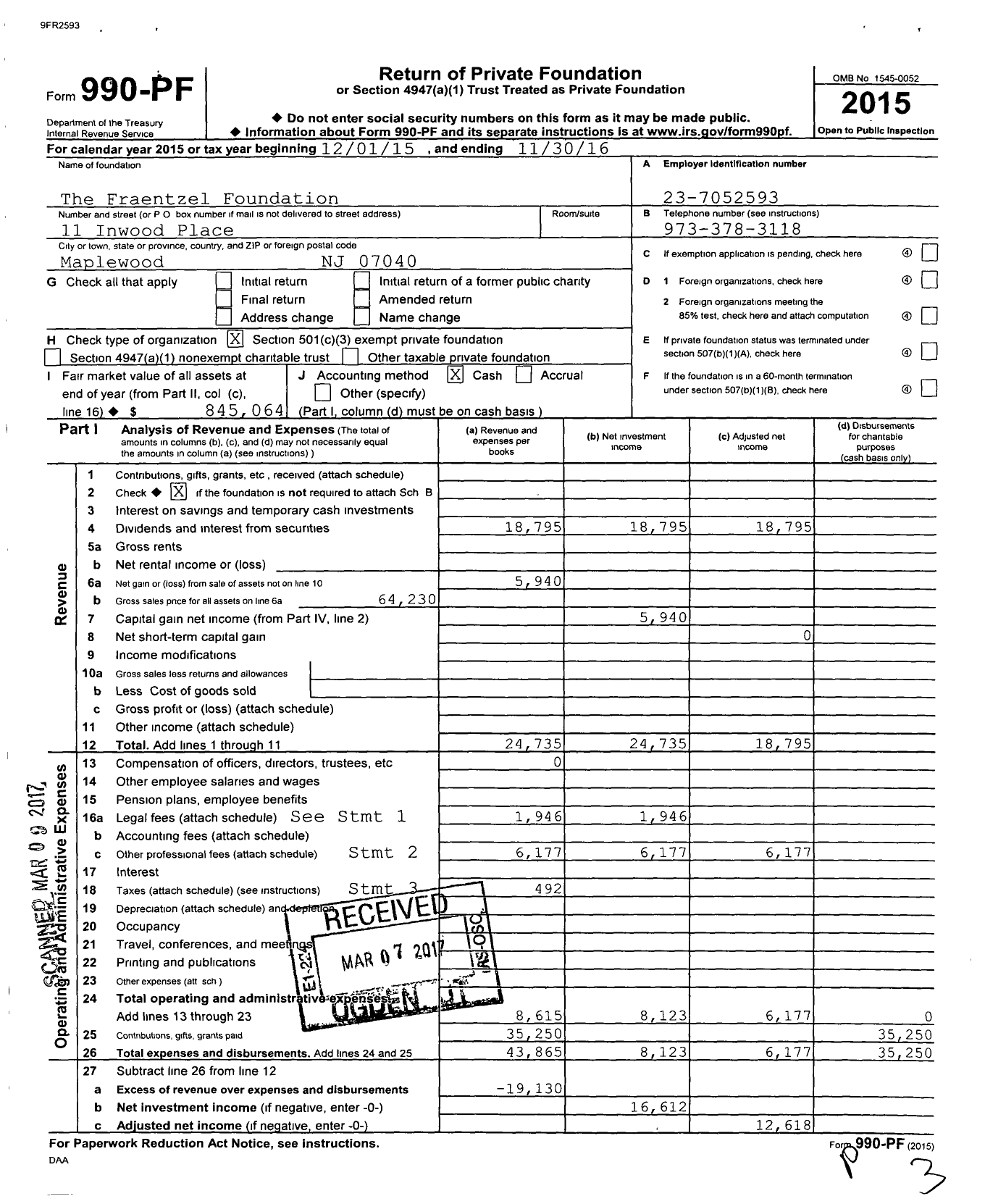 Image of first page of 2015 Form 990PF for The Fraentzel Foundation