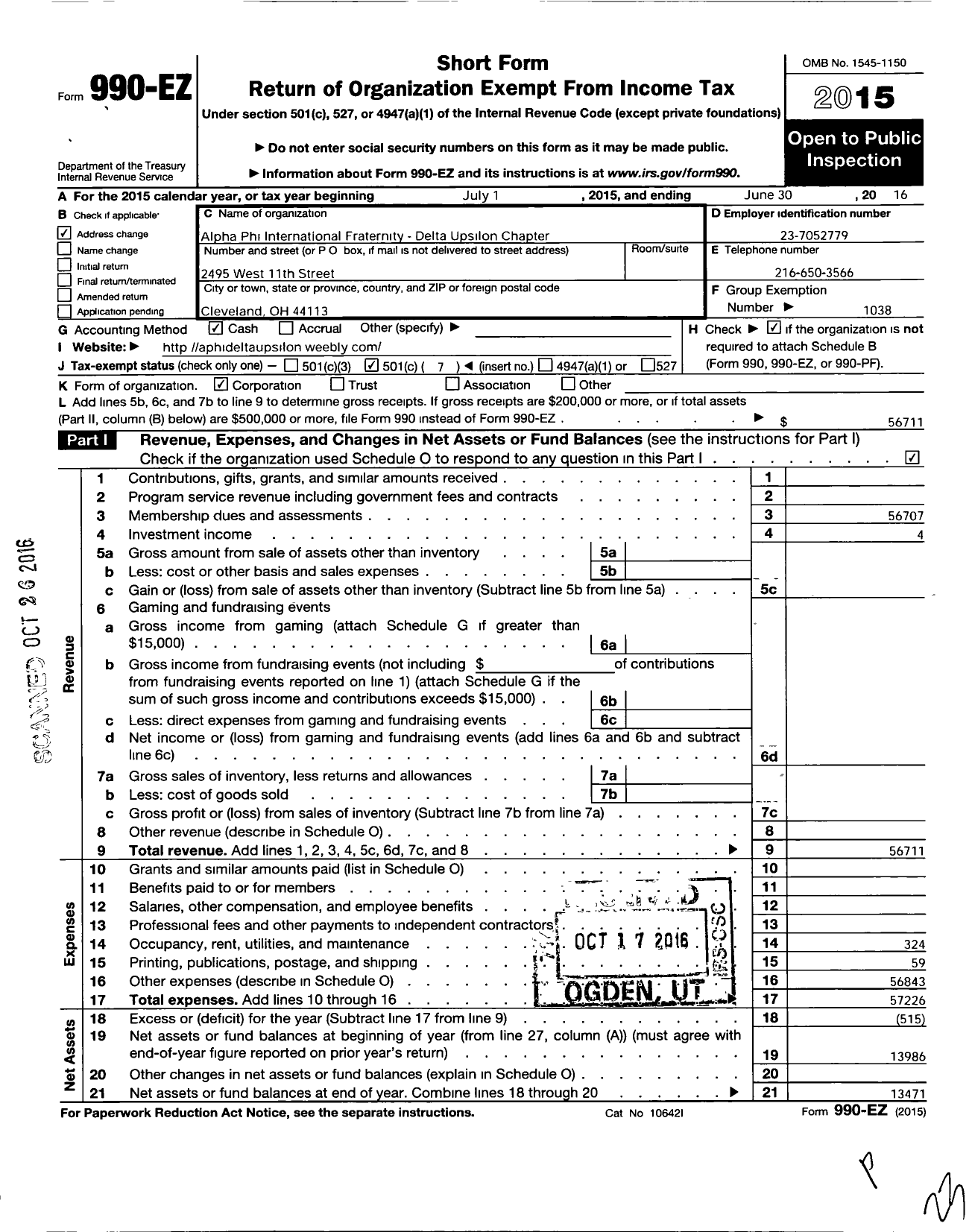 Image of first page of 2015 Form 990EO for Alpha Phi - Delta Upsilon-Baldwin Wallace