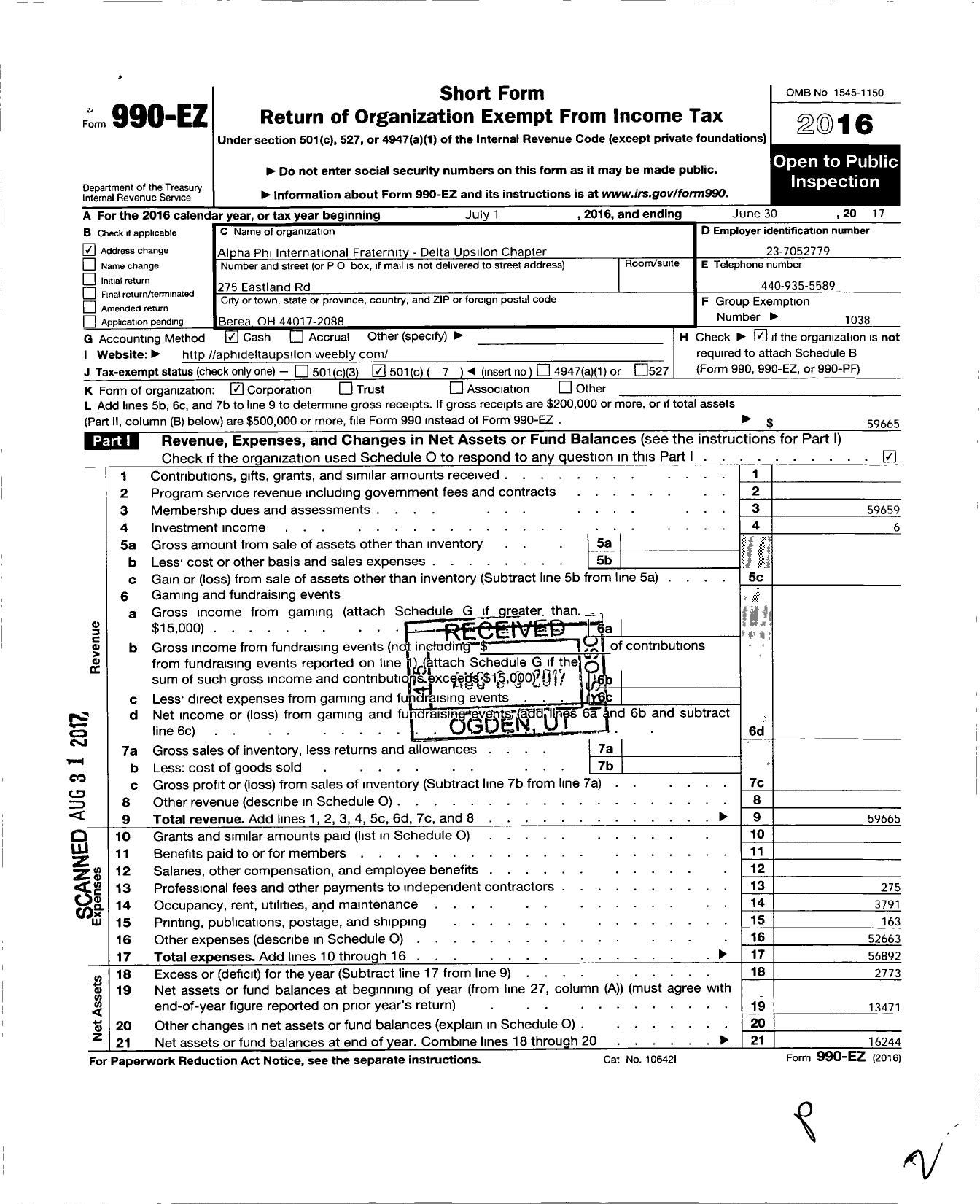 Image of first page of 2016 Form 990EO for Alpha Phi - Delta Upsilon-Baldwin Wallace