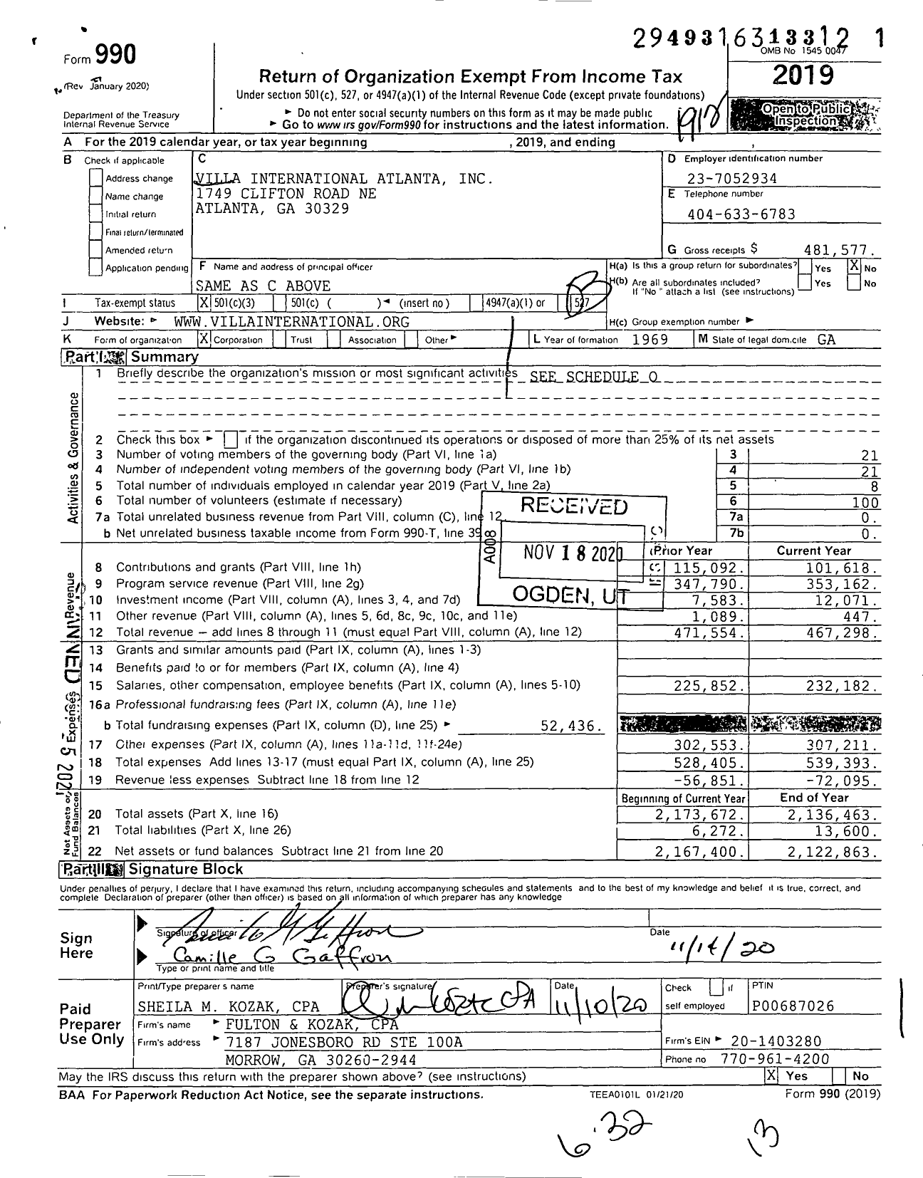 Image of first page of 2019 Form 990 for Villa International Atlanta