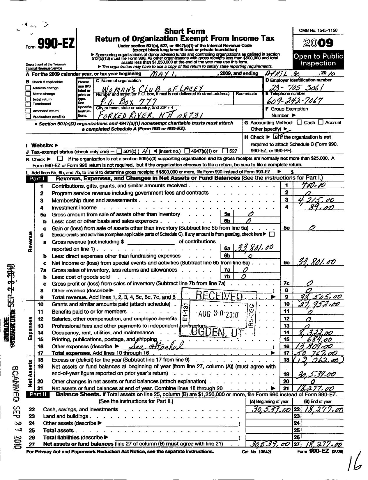 Image of first page of 2009 Form 990EO for New Jersey State Federation of Women's Clubs - Womans Club of Lacey