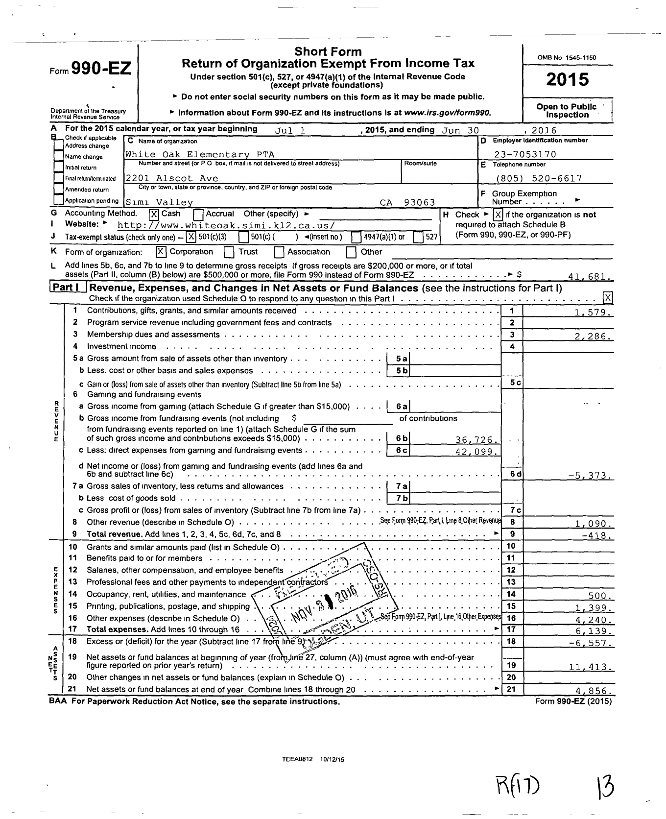 Image of first page of 2015 Form 990EZ for California State PTA - White Oak Elementary PTA