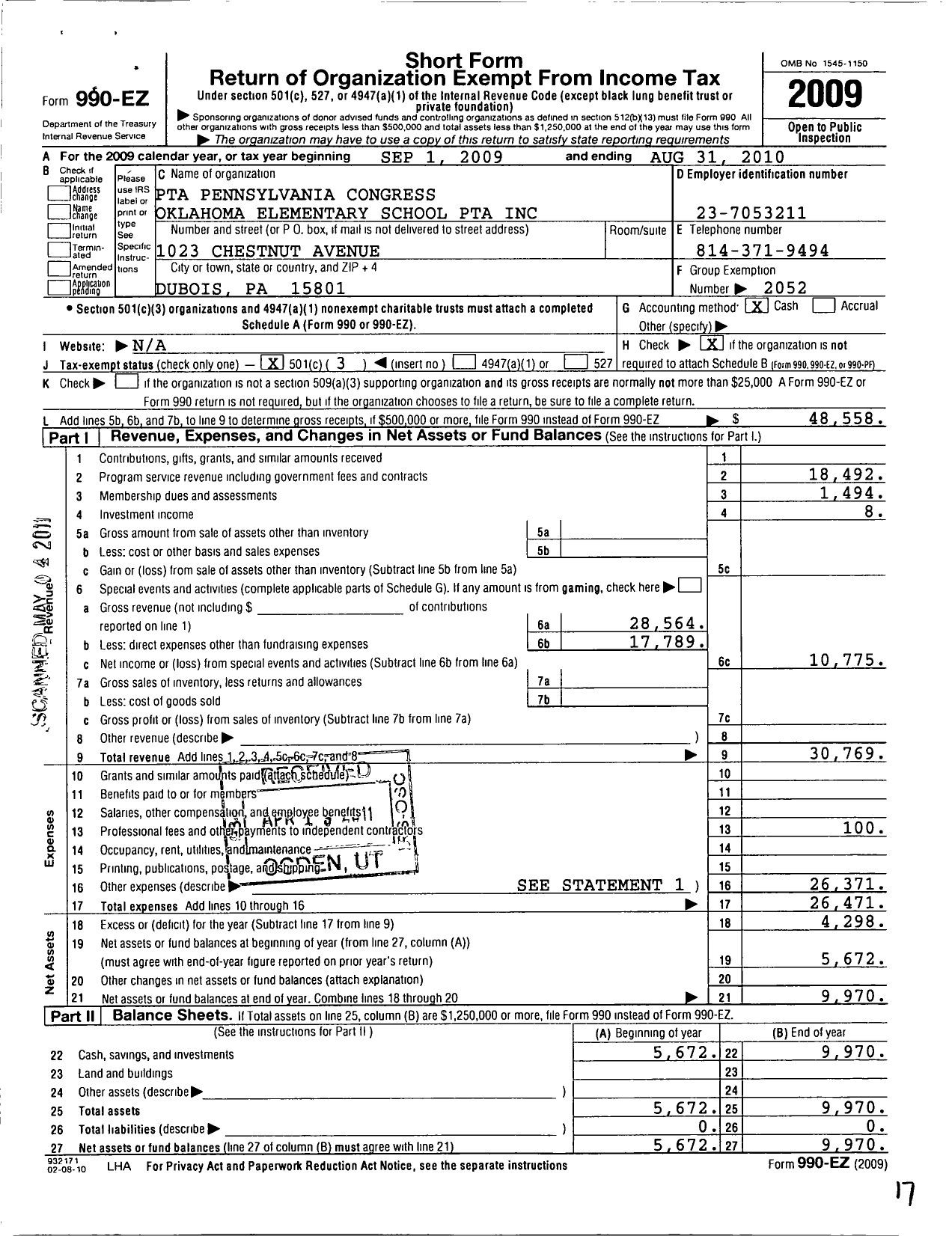 Image of first page of 2009 Form 990EZ for PTA Pennsylvania Congress / Oklahoma Elementary School PTA Inc