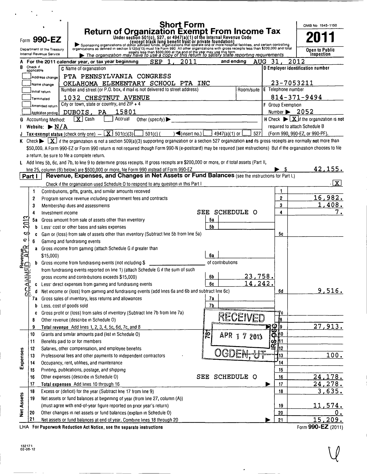 Image of first page of 2011 Form 990EZ for PTA Pennsylvania Congress / Oklahoma Elementary School PTA Inc