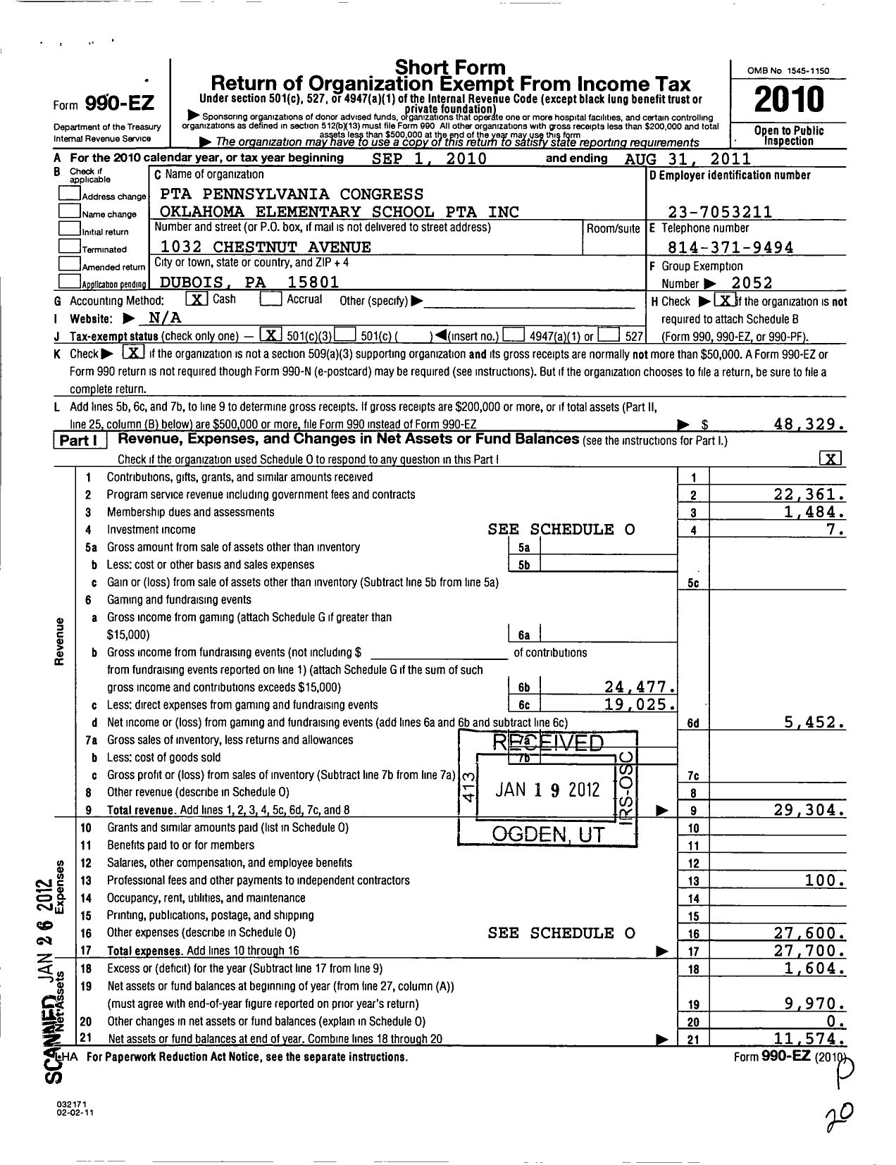 Image of first page of 2010 Form 990EZ for PTA Pennsylvania Congress / Oklahoma Elementary School PTA Inc
