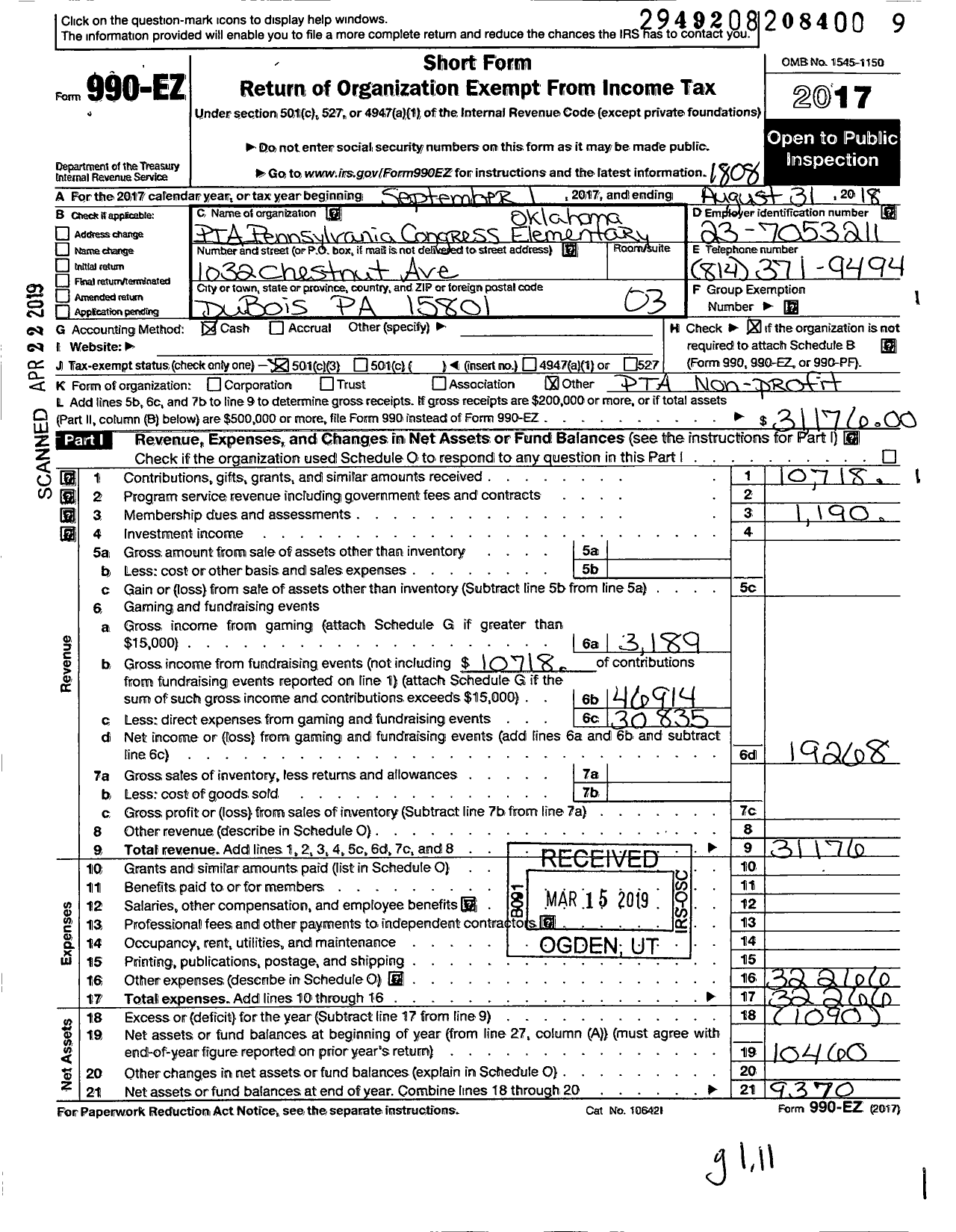 Image of first page of 2017 Form 990EZ for PTA Pennsylvania Congress / Oklahoma Elementary School PTA Inc