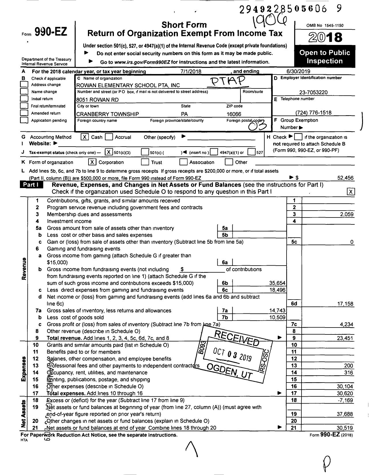 Image of first page of 2018 Form 990EZ for Rowan Elementary School PTA