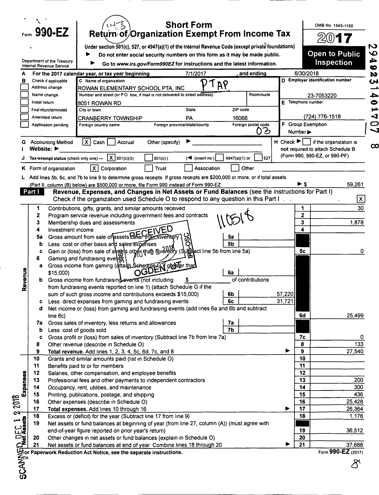 Image of first page of 2017 Form 990EZ for Rowan Elementary School PTA