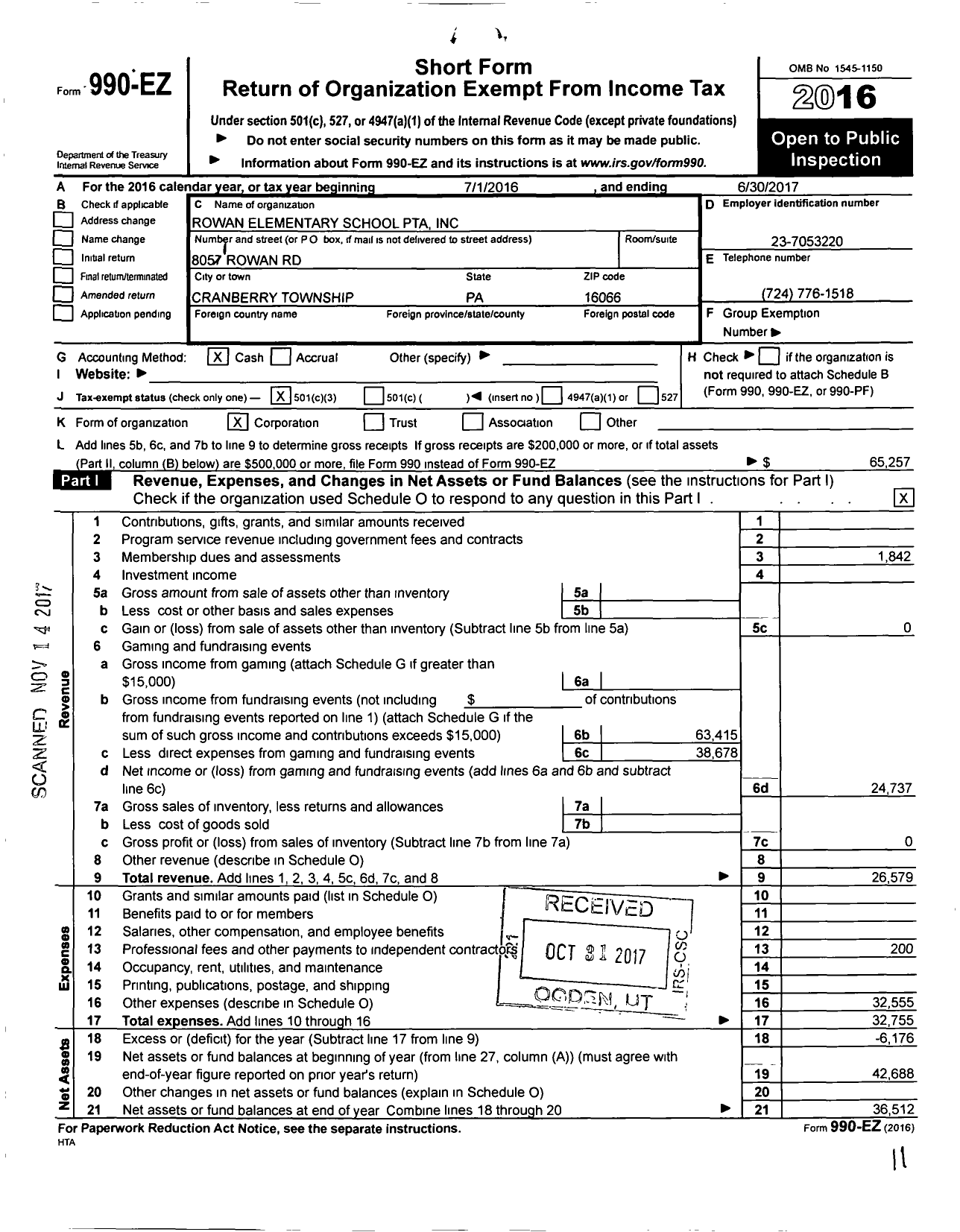 Image of first page of 2016 Form 990EZ for Rowan Elementary School PTA