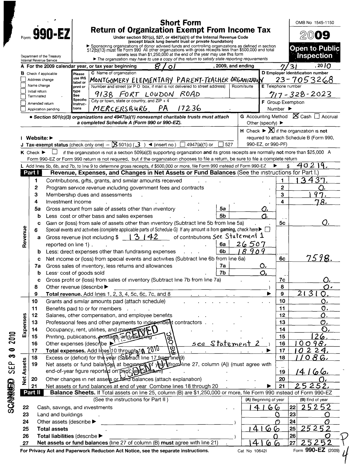 Image of first page of 2009 Form 990EZ for Montgomery Elementary Parent- Teacher Organization