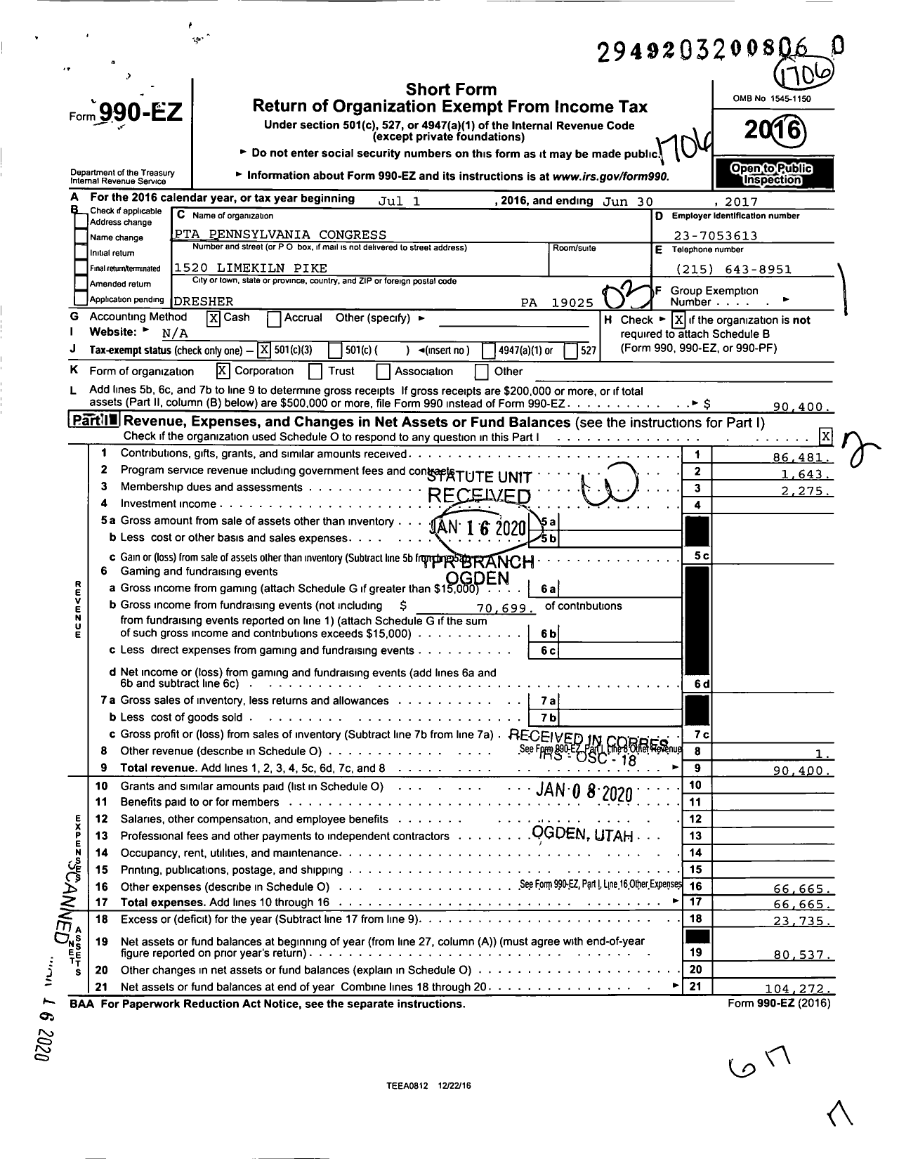 Image of first page of 2016 Form 990EZ for Jarrettown Elementary Pto