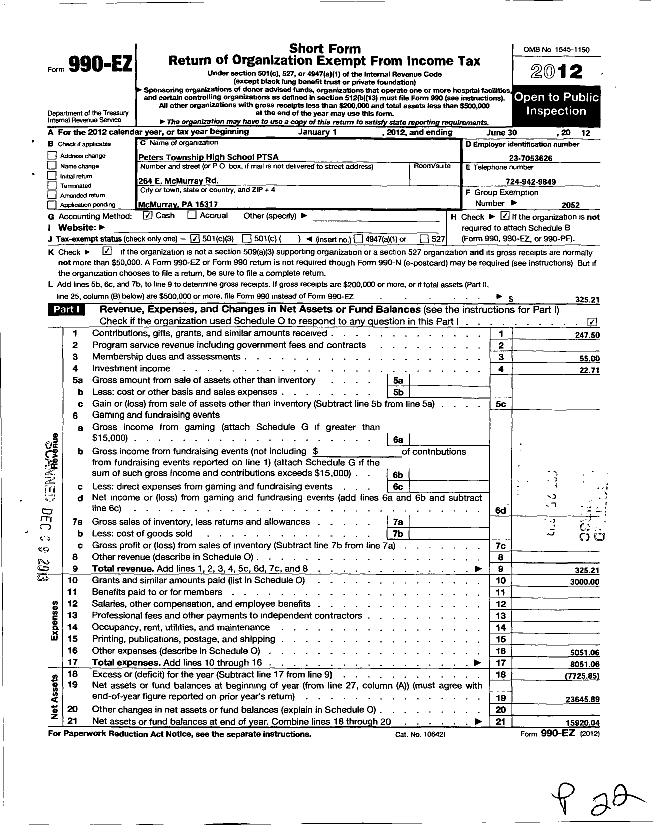 Image of first page of 2011 Form 990EZ for PTA Pennsylvania Congress / Peters Township High School Ptsa