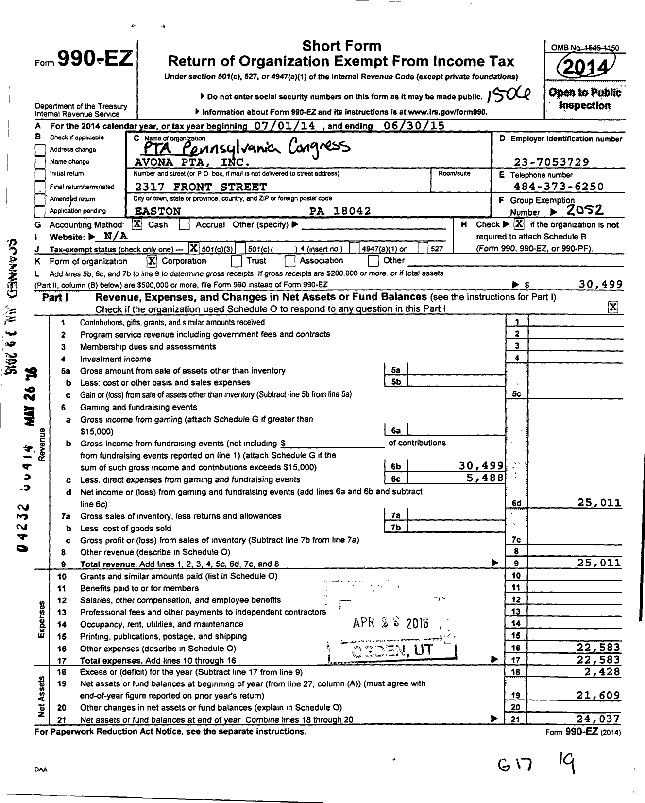 Image of first page of 2014 Form 990EZ for PTA Pennsylvania Congress / Avona Elementary School PTA Inc