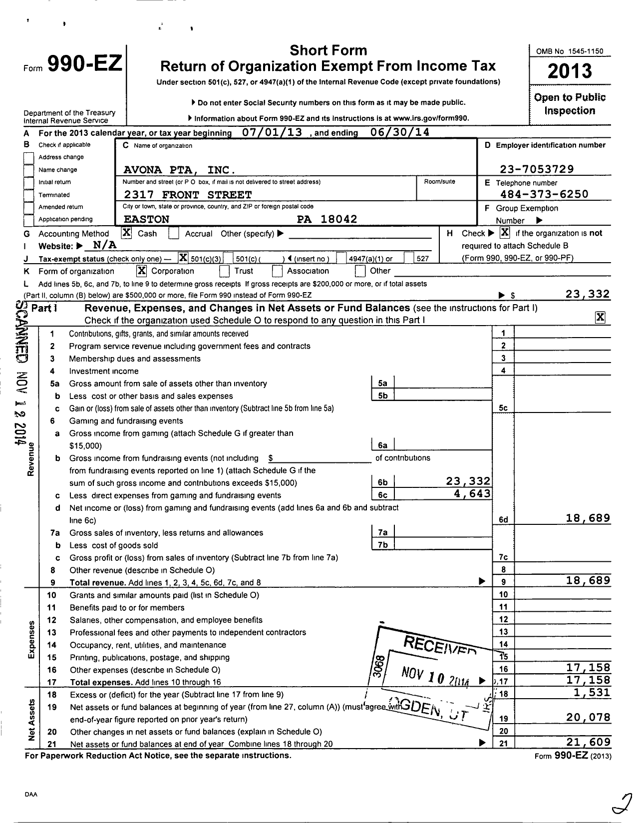 Image of first page of 2013 Form 990EZ for PTA Pennsylvania Congress / Avona Elementary School PTA Inc