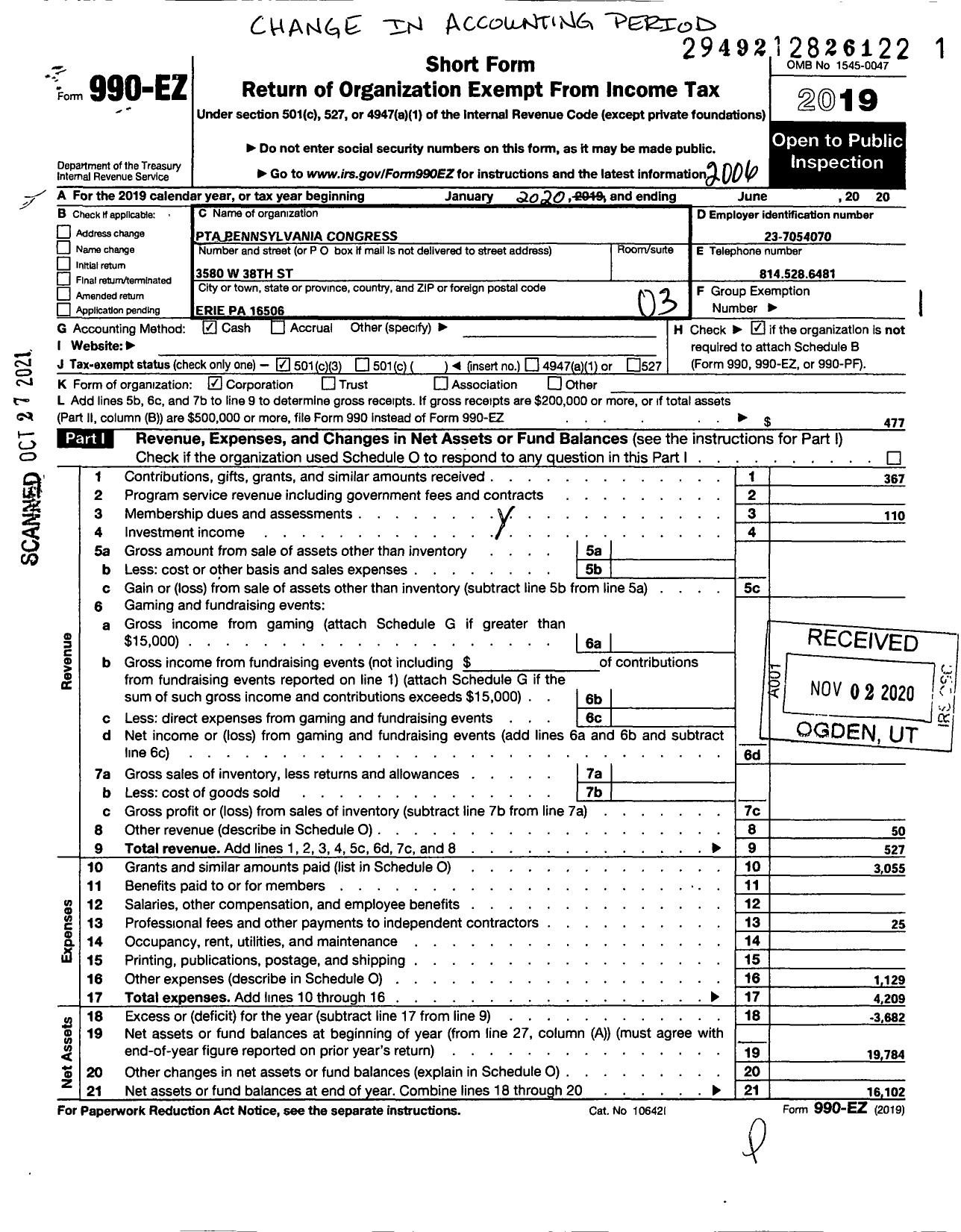 Image of first page of 2019 Form 990EZ for PTA Pennsylvania Congress / Mcdowell High School Ptsa