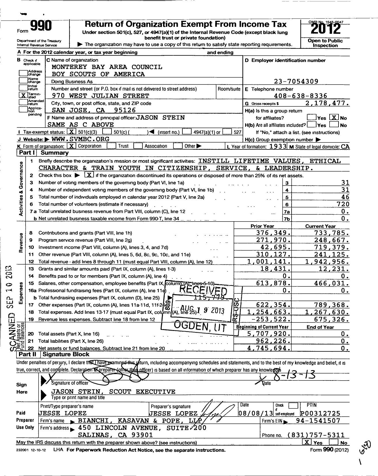 Image of first page of 2012 Form 990 for Monterey Bay Area Council Boy Scouts of America
