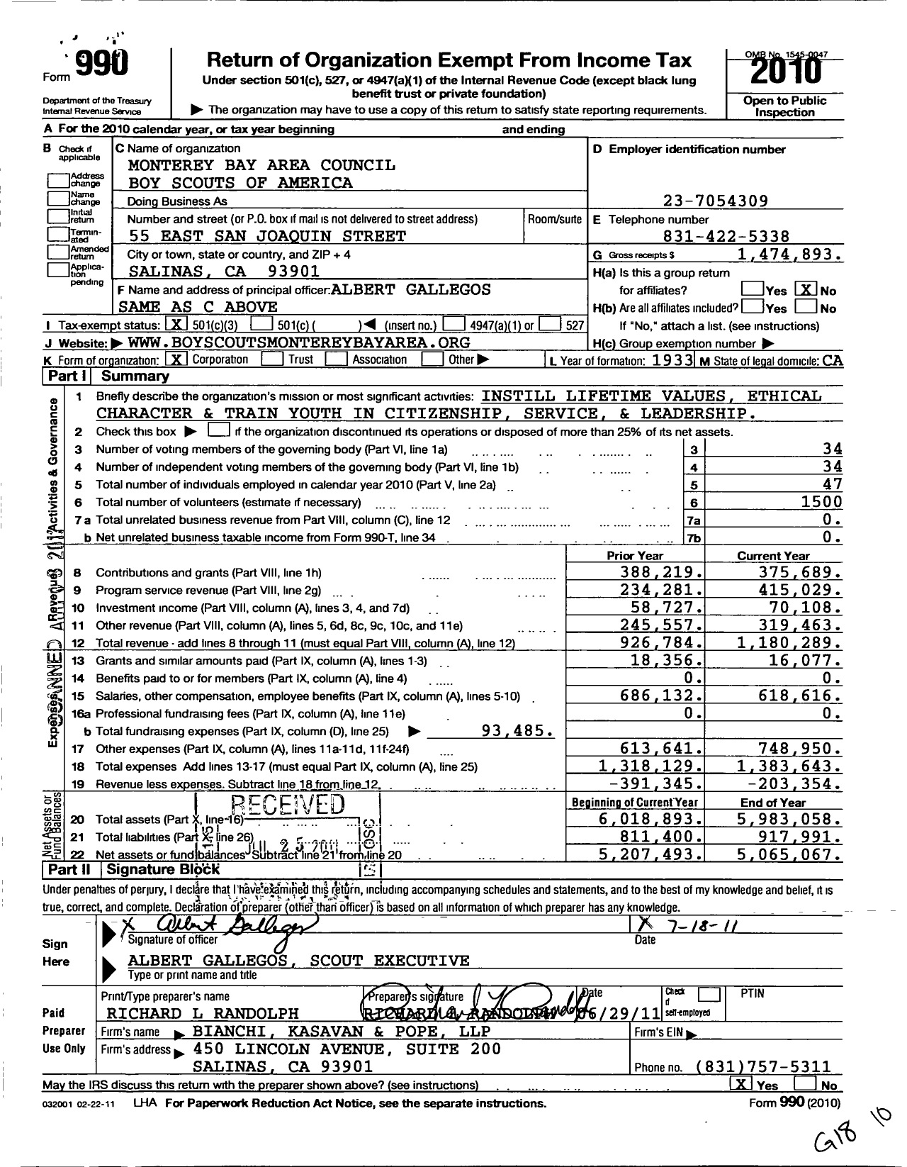 Image of first page of 2010 Form 990 for Monterey Bay Area Council Boy Scouts of America