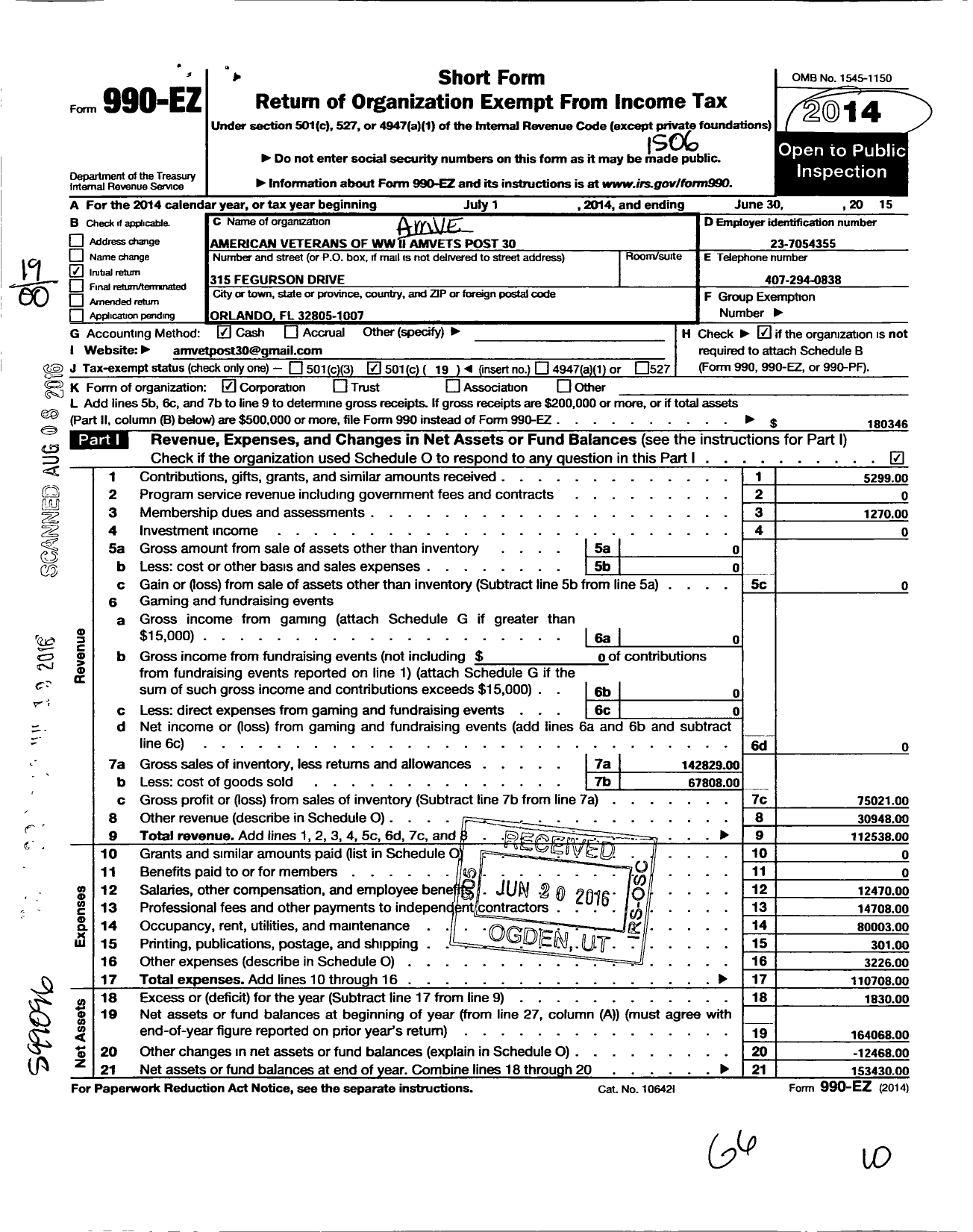 Image of first page of 2014 Form 990EO for American Veterans of WW Ii Amvets Post 30