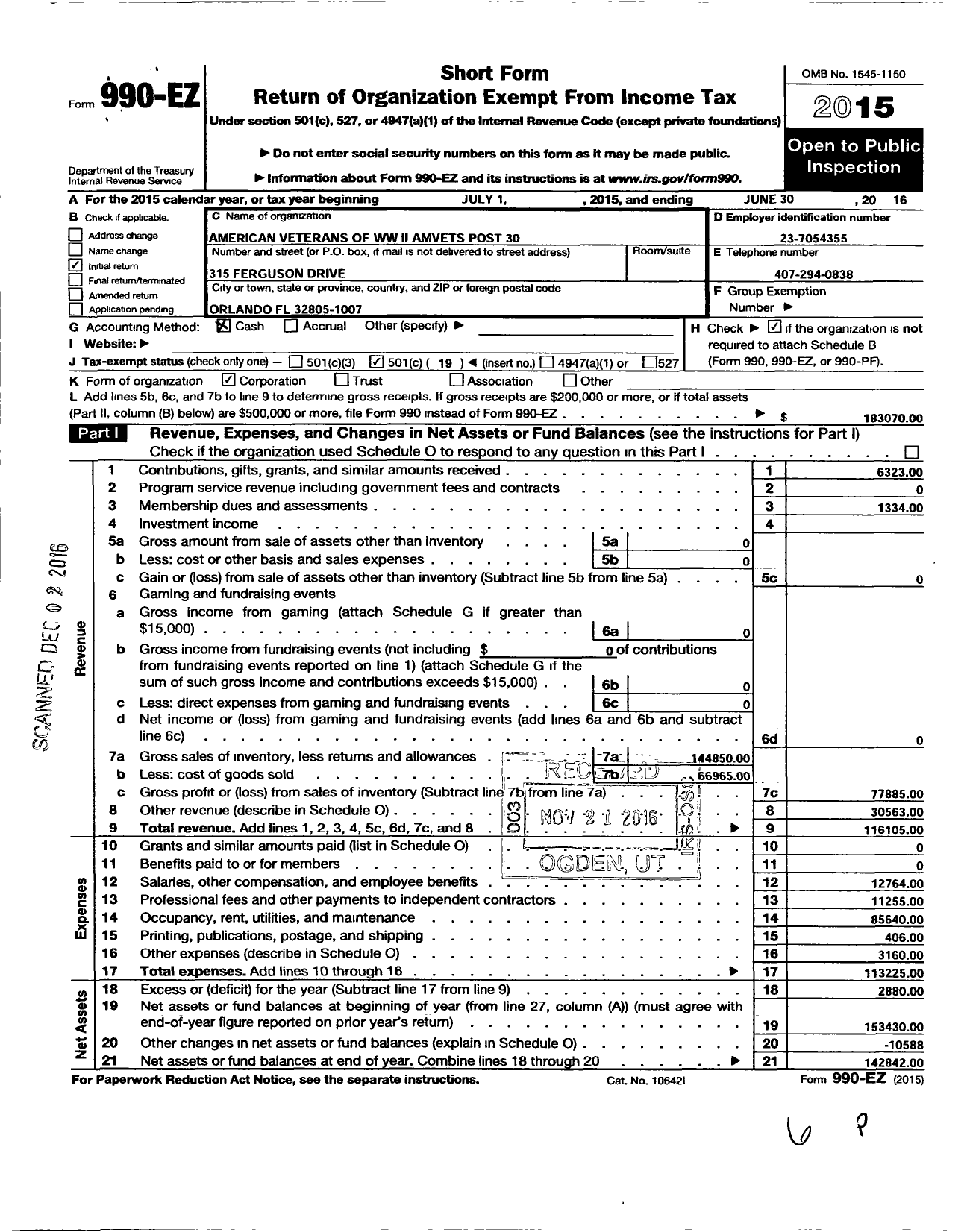 Image of first page of 2015 Form 990EO for American Veterans of WW Ii Amvets Post 30