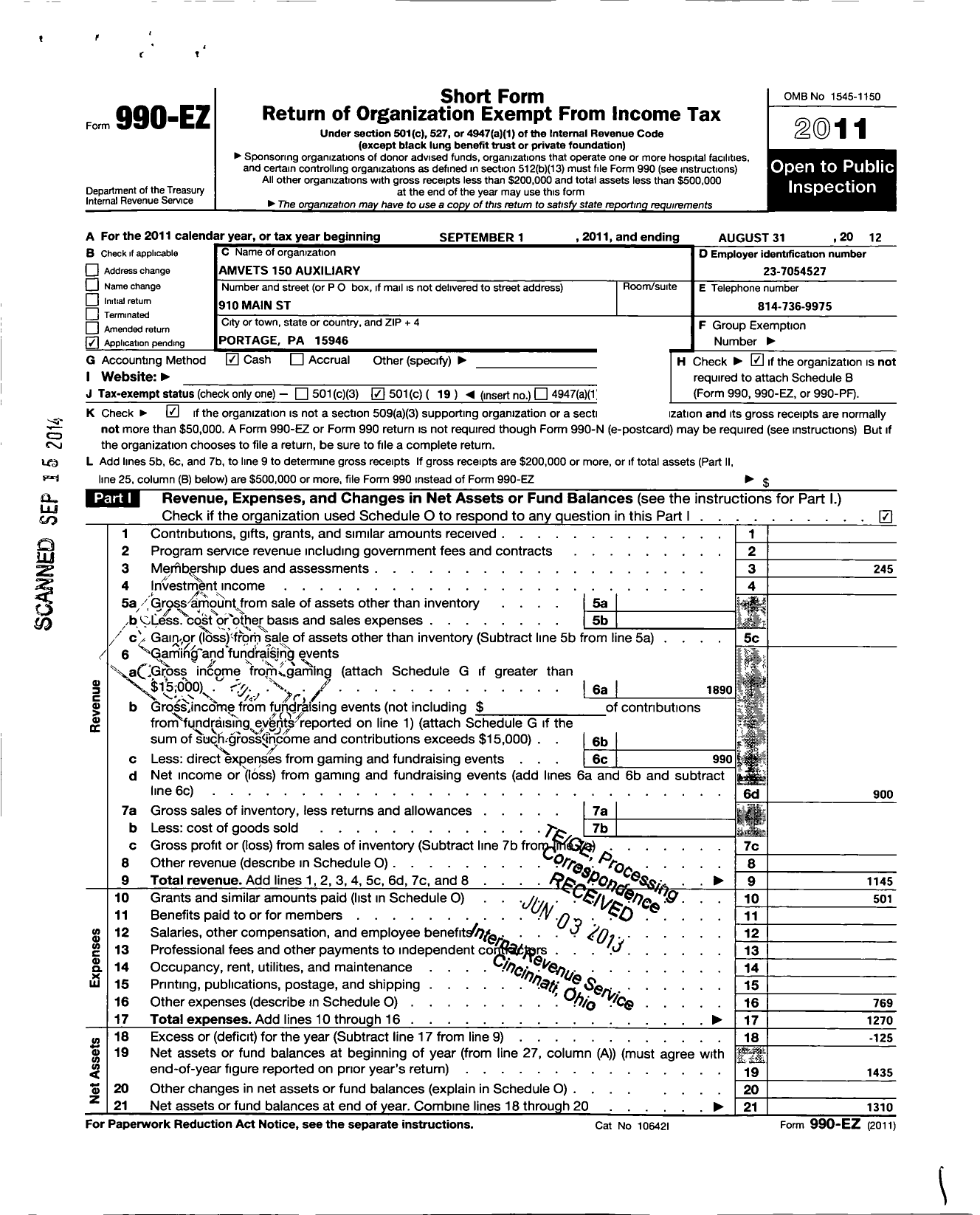 Image of first page of 2011 Form 990EO for Amvets / 150