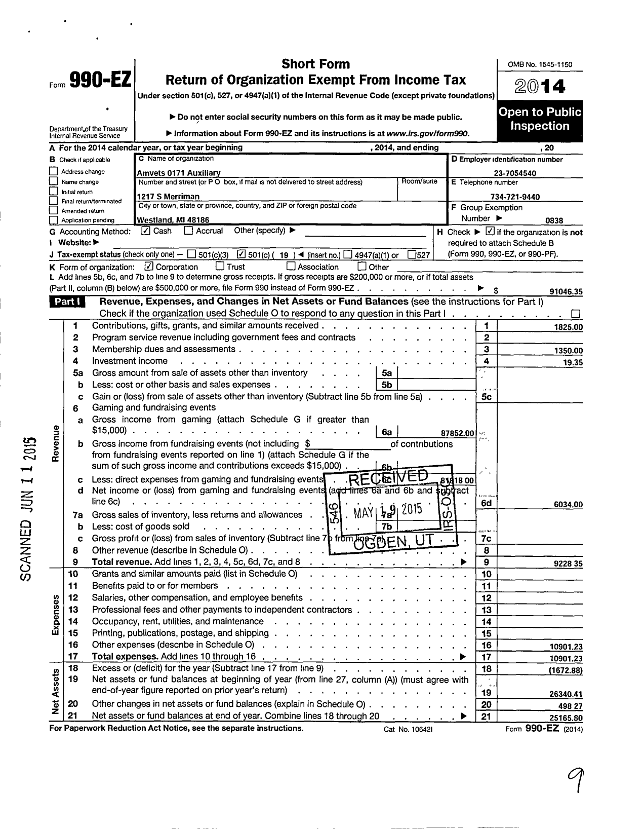 Image of first page of 2014 Form 990EO for Amvets 0171 Auxiliary