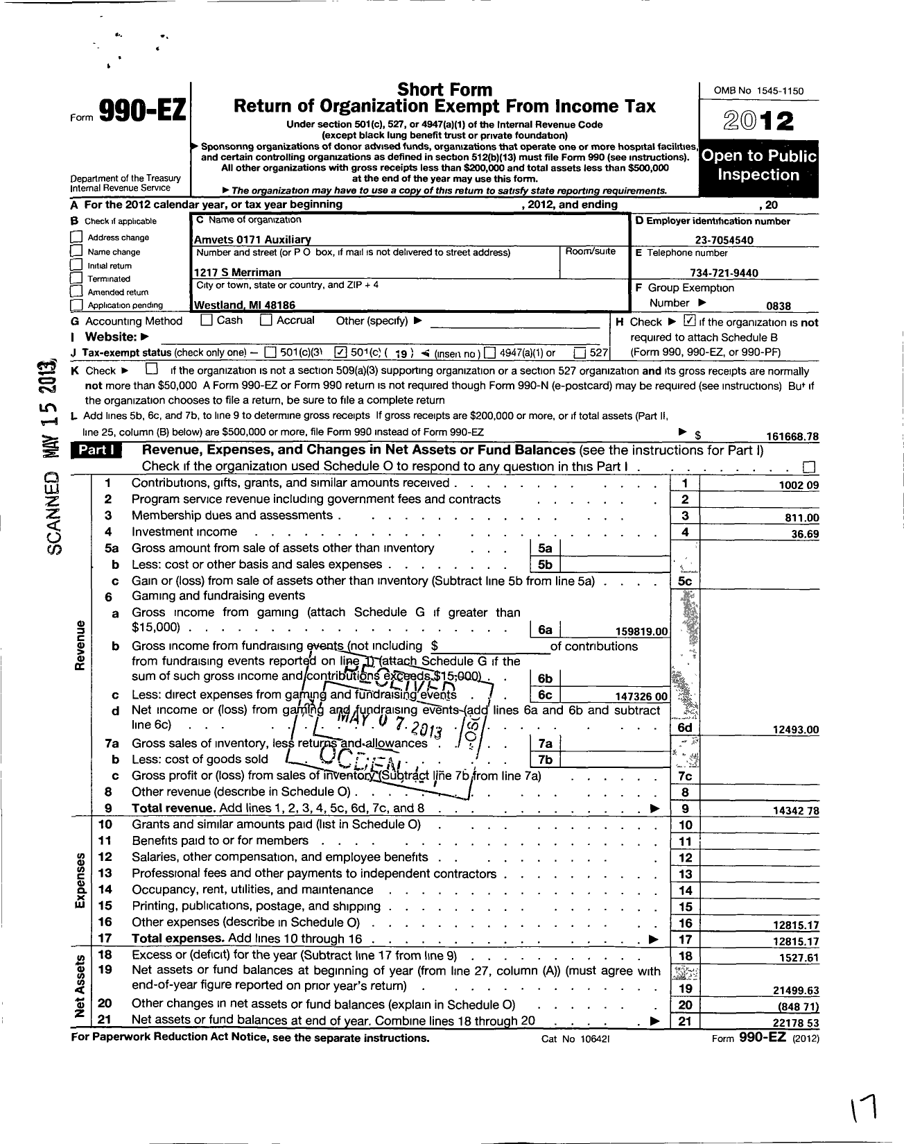 Image of first page of 2012 Form 990EO for Amvets 0171 Auxiliary