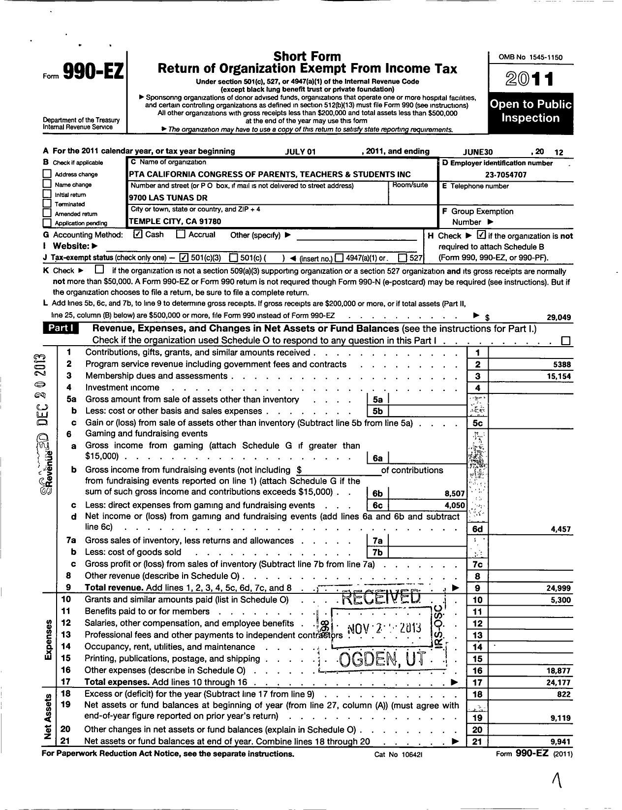 Image of first page of 2011 Form 990EZ for California State PTA - Temple City Council of Ptas