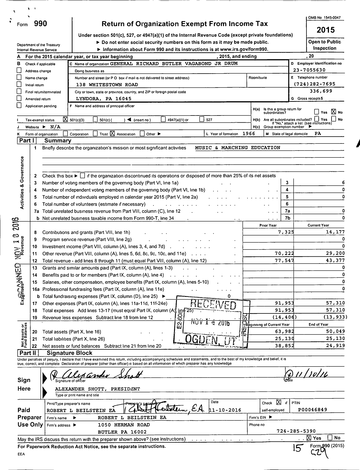 Image of first page of 2015 Form 990 for General Richard Butler Vagabond