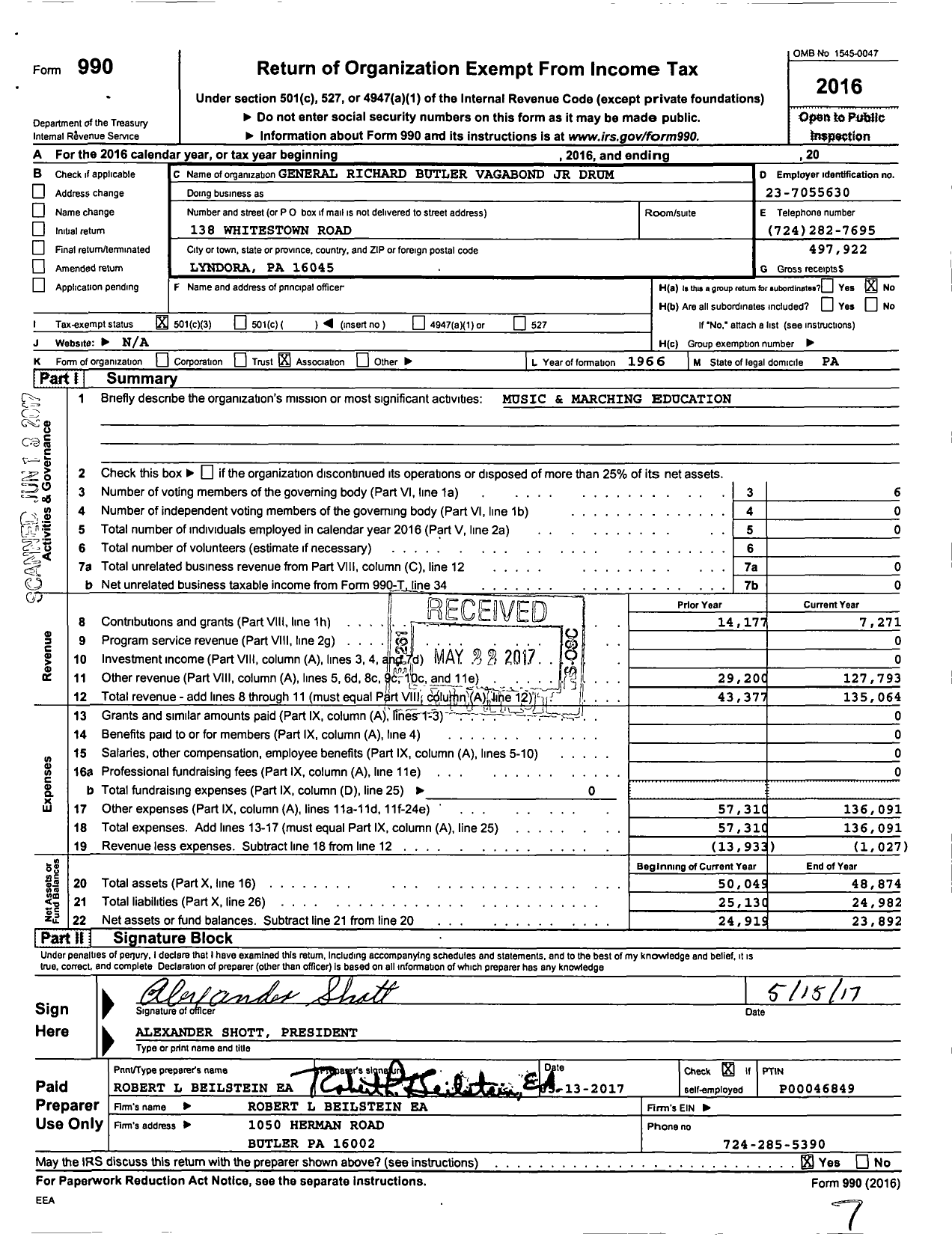 Image of first page of 2016 Form 990 for General Richard Butler Vagabond