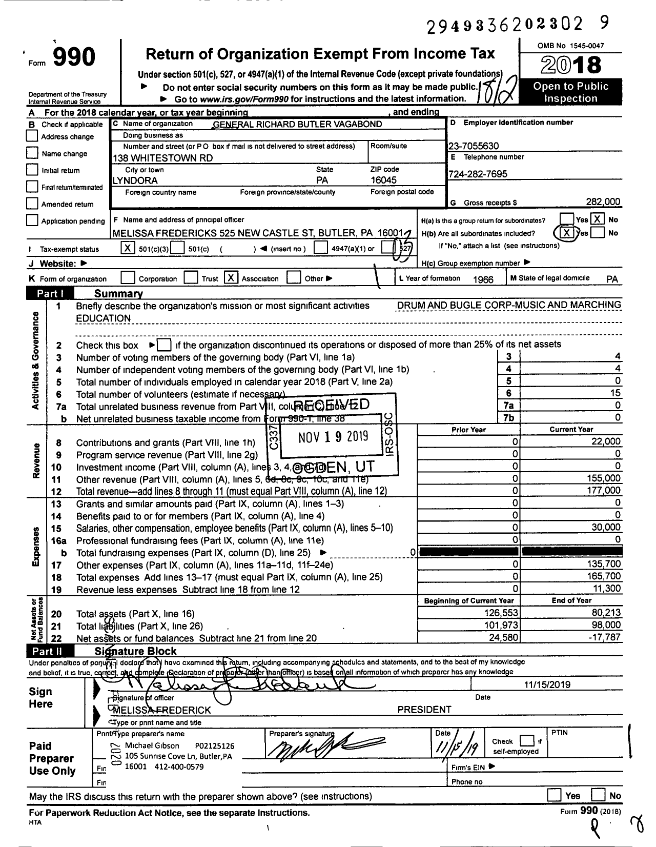 Image of first page of 2018 Form 990 for General Richard Butler Vagabond