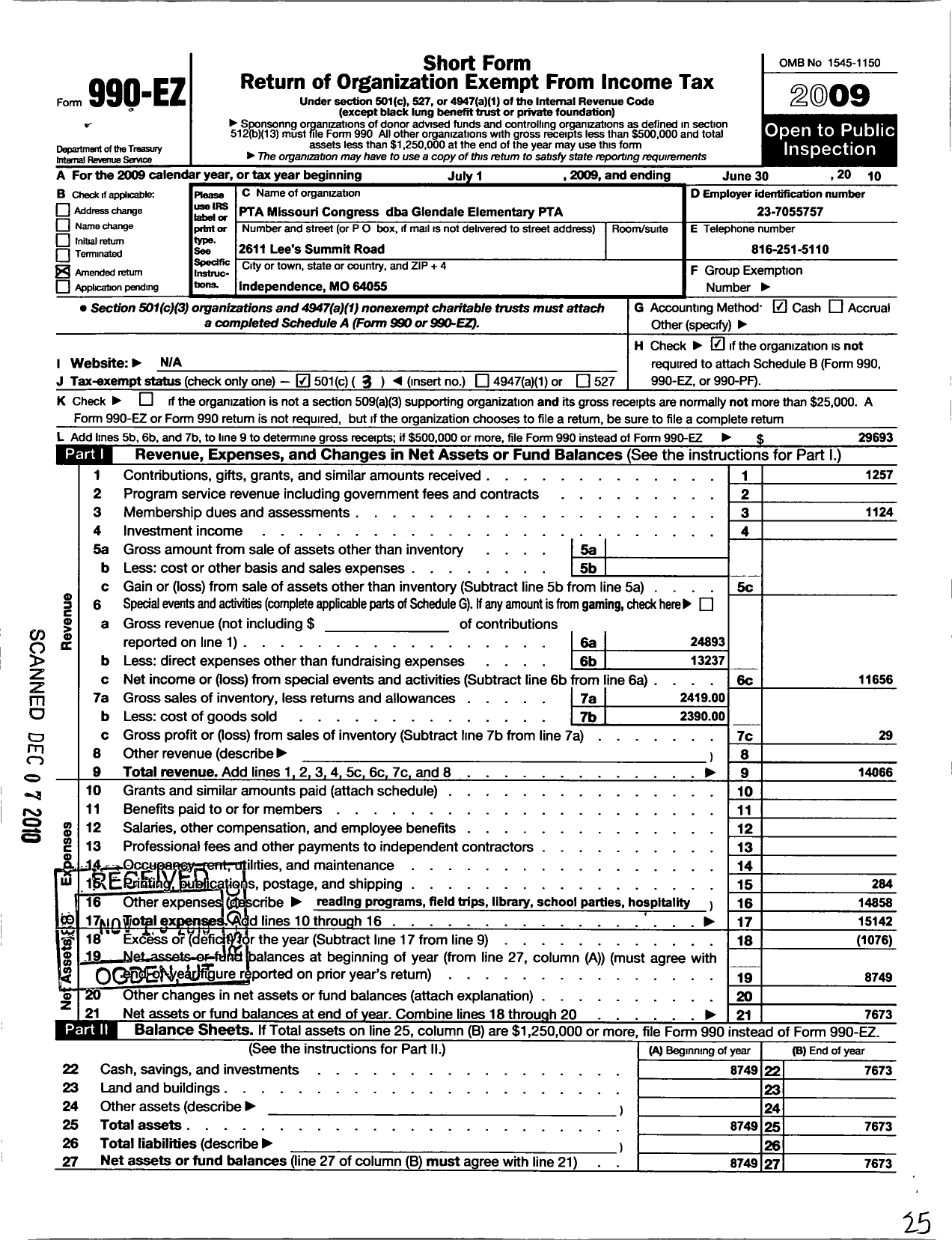 Image of first page of 2009 Form 990EZ for PTA Missouri Congress / Glendale Elementary PTA Missouri Congress