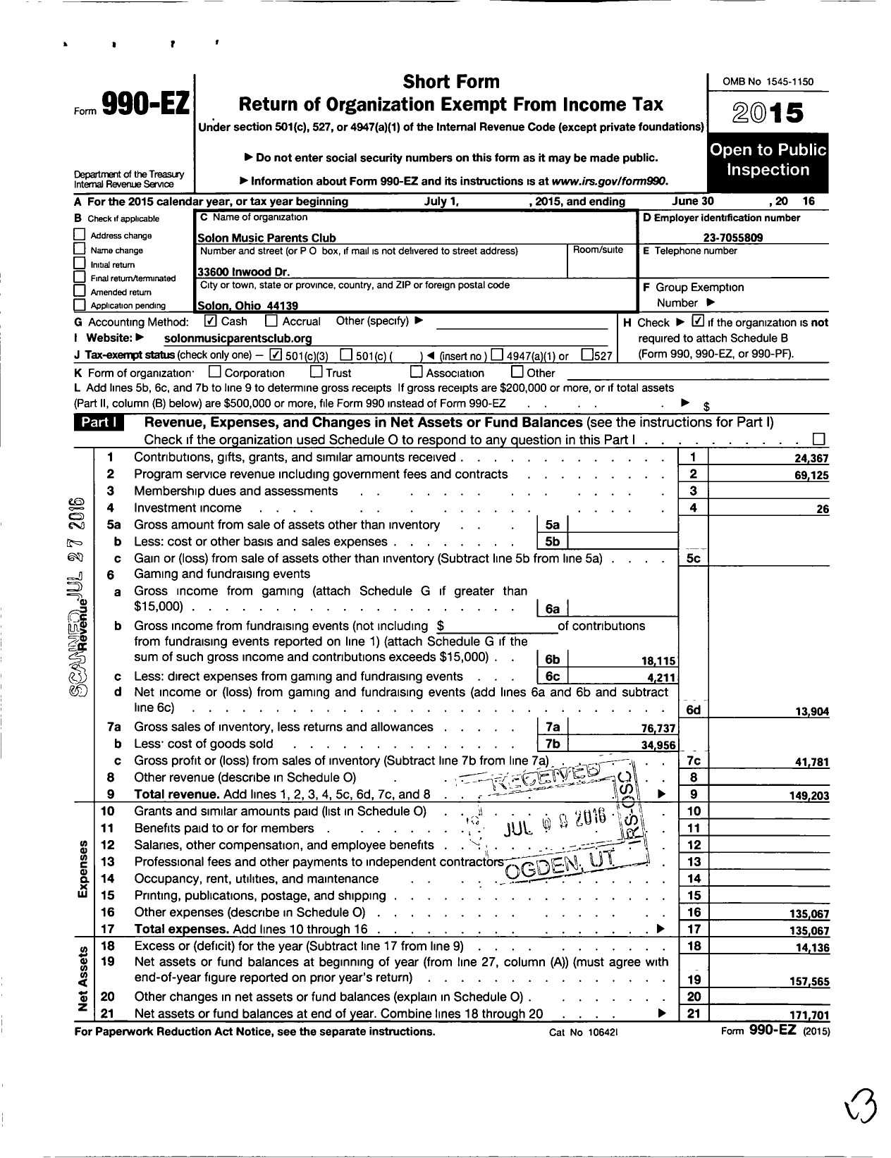 Image of first page of 2015 Form 990EZ for Solon Music Parents Club