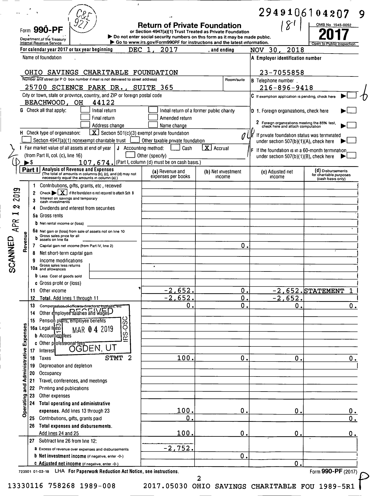 Image of first page of 2017 Form 990PF for Ohio Savings Charitable Foundation