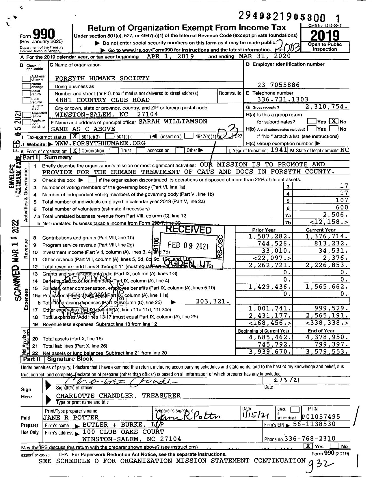 Image of first page of 2019 Form 990 for Forsyth Humane Society (FHS)