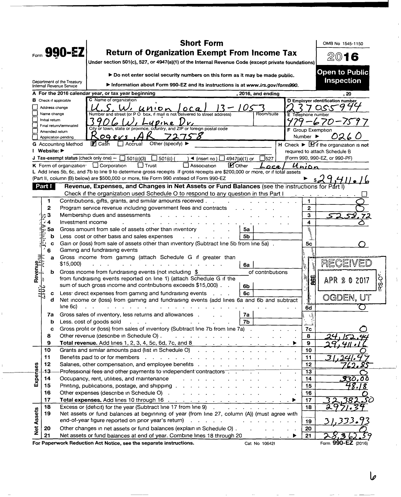 Image of first page of 2016 Form 990EO for United Steelworkers - 13-01053 Local