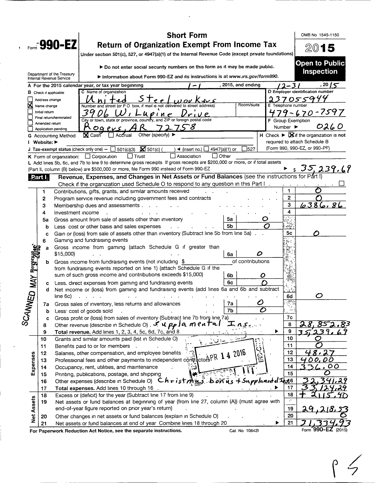 Image of first page of 2015 Form 990EO for United Steelworkers - 13-01053 Local