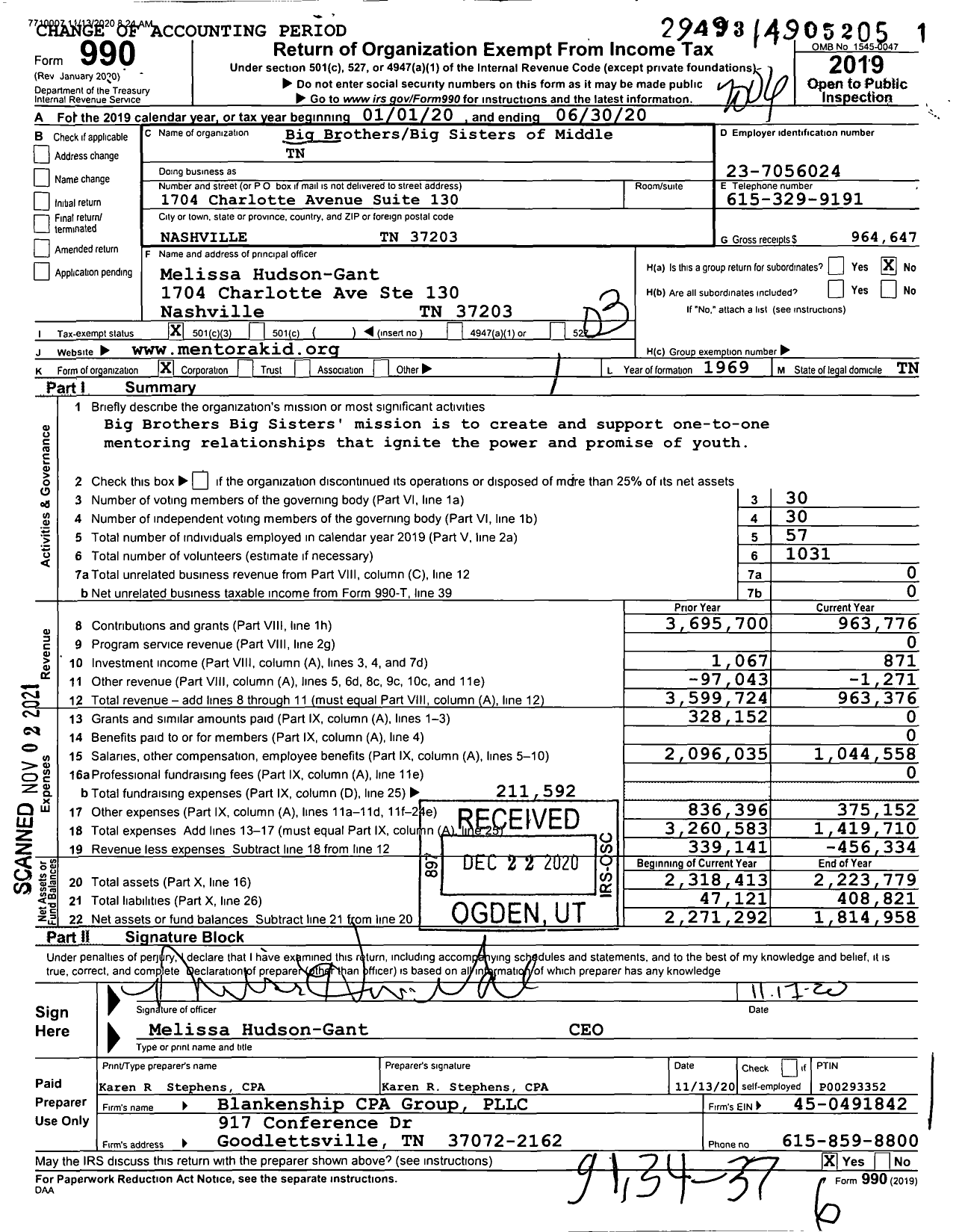 Image of first page of 2019 Form 990 for Big BrothersBig Sisters of Middle TN