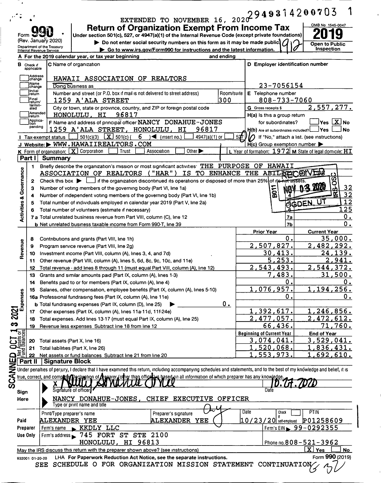 Image of first page of 2019 Form 990O for Hawaii Association of Realtors