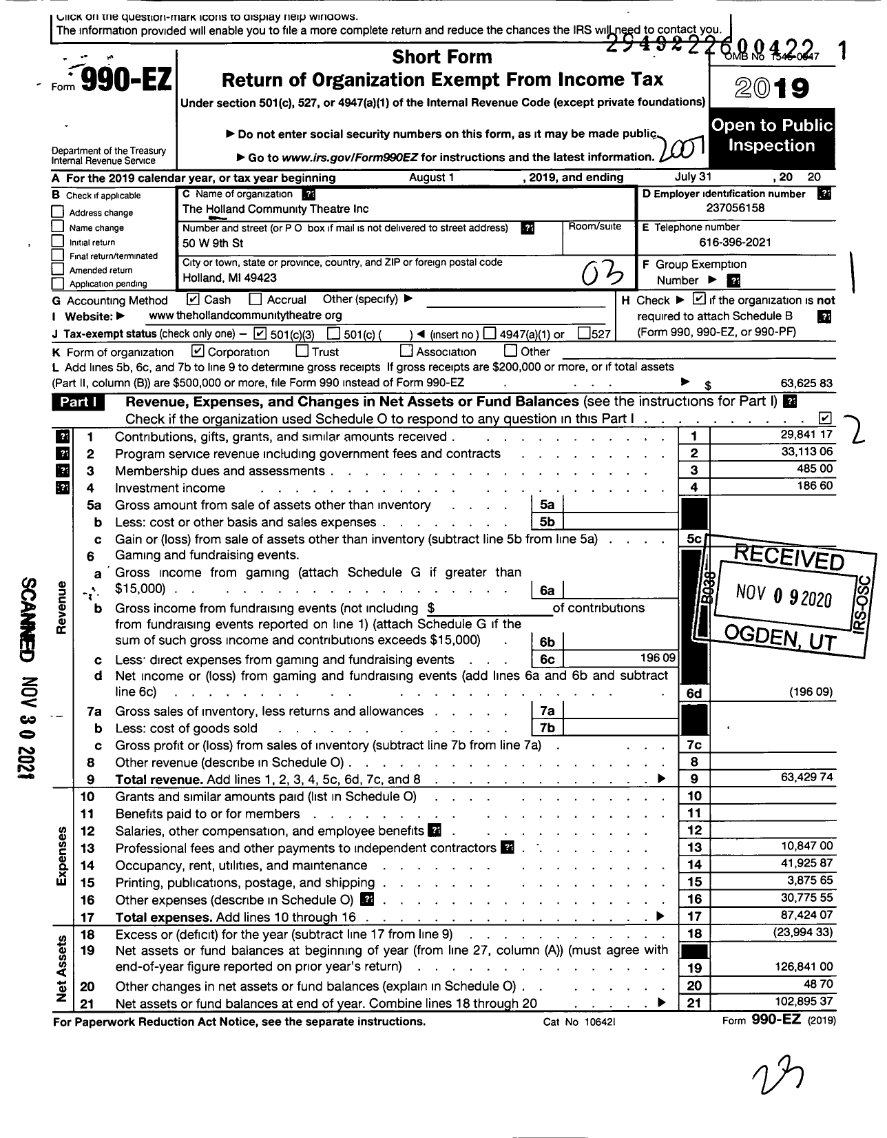 Image of first page of 2019 Form 990EZ for The Holland Community Theatre