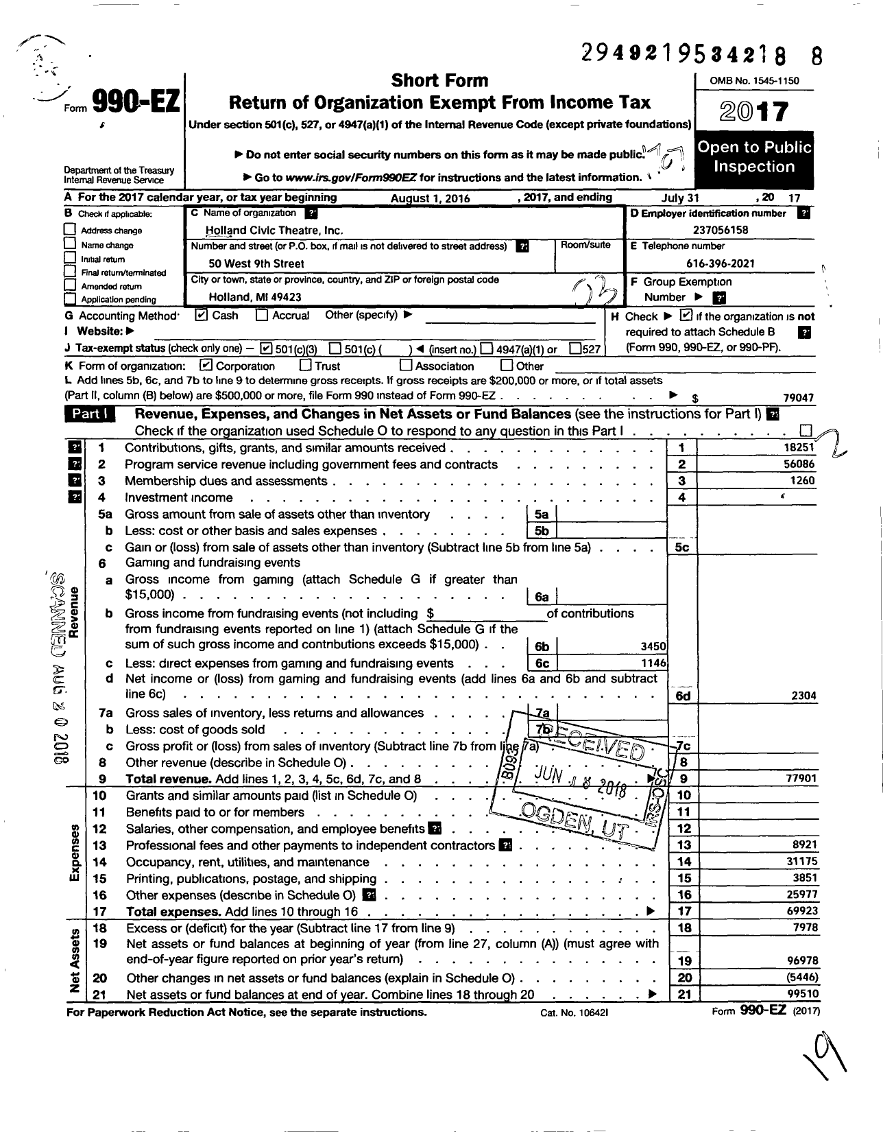 Image of first page of 2016 Form 990EZ for The Holland Community Theatre