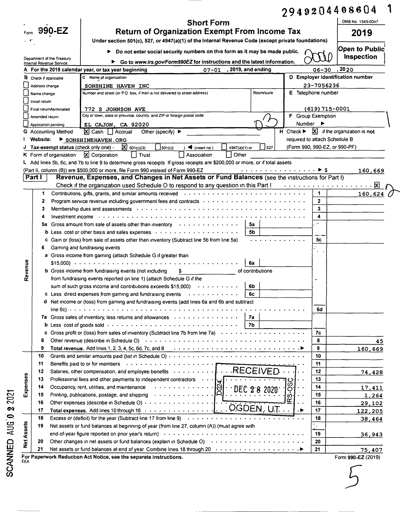 Image of first page of 2019 Form 990EZ for Sonshine Haven